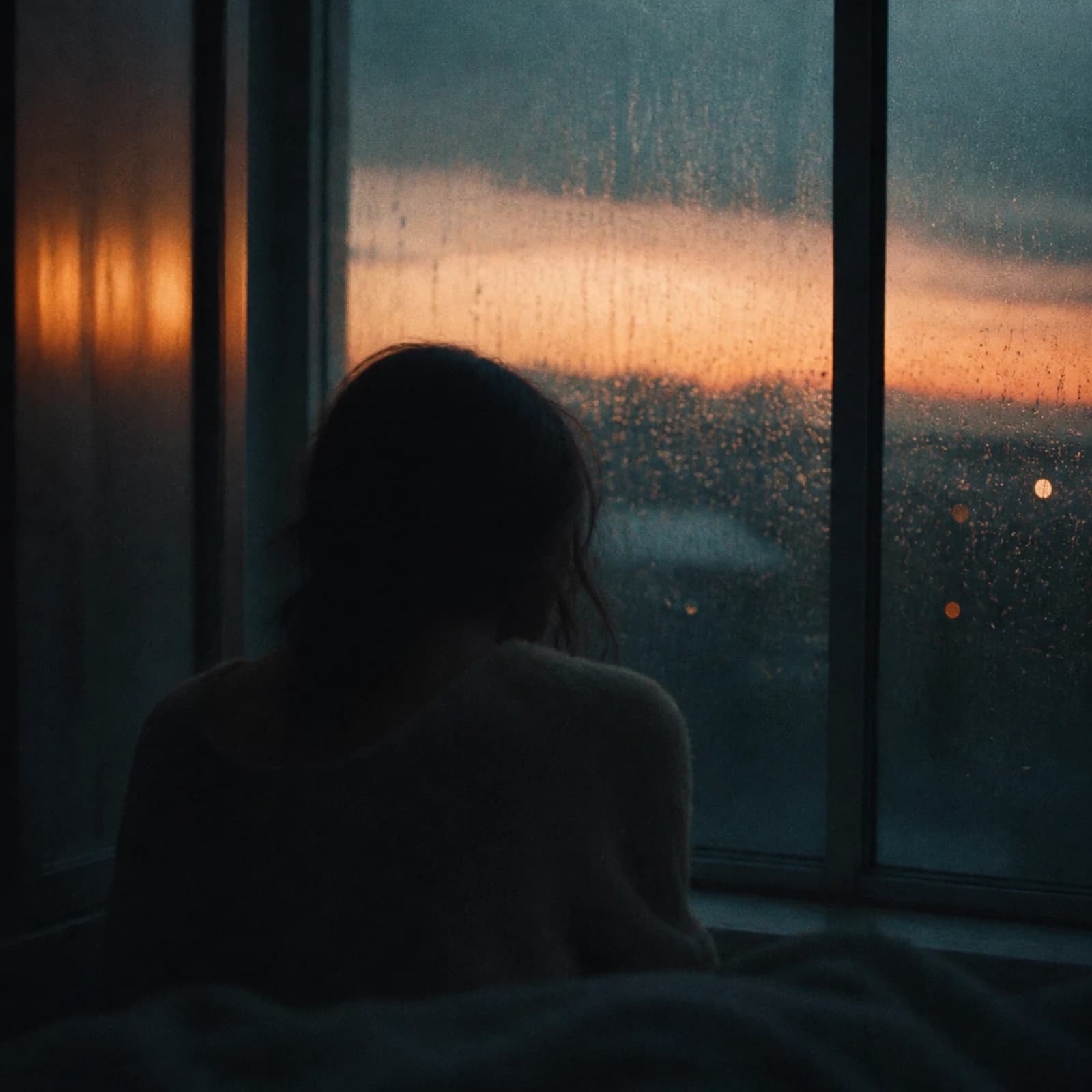 Eine Person sitzt im letzten Abendlicht vor einem regennassen Fenster.
